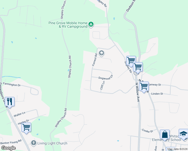map of restaurants, bars, coffee shops, grocery stores, and more near 1605 Forrest Road in Cookeville