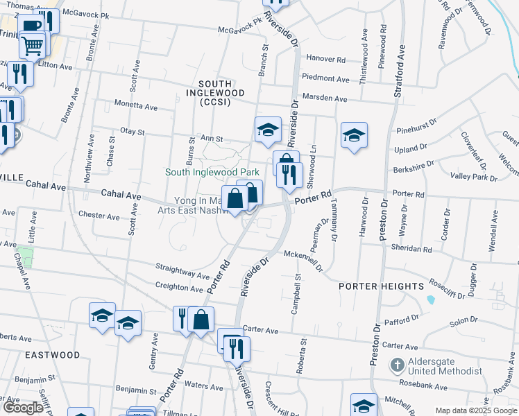 map of restaurants, bars, coffee shops, grocery stores, and more near Porter Rd & Cahal Ave in Nashville