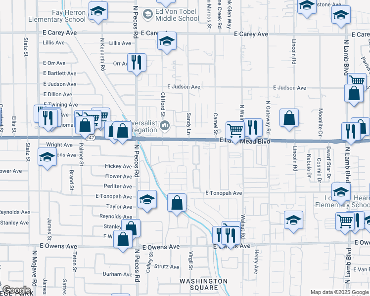 map of restaurants, bars, coffee shops, grocery stores, and more near 3677 Via Amigos Place in Las Vegas