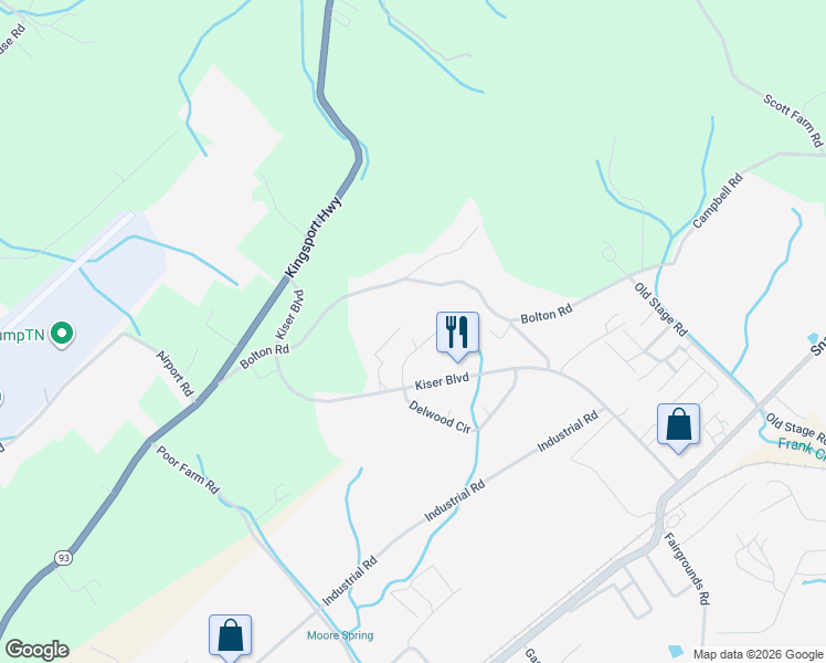 map of restaurants, bars, coffee shops, grocery stores, and more near 164 Camelot Park in Greeneville