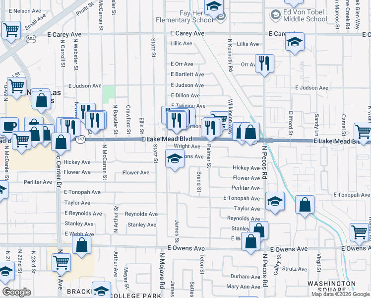 map of restaurants, bars, coffee shops, grocery stores, and more near 3115 Wright Avenue in North Las Vegas
