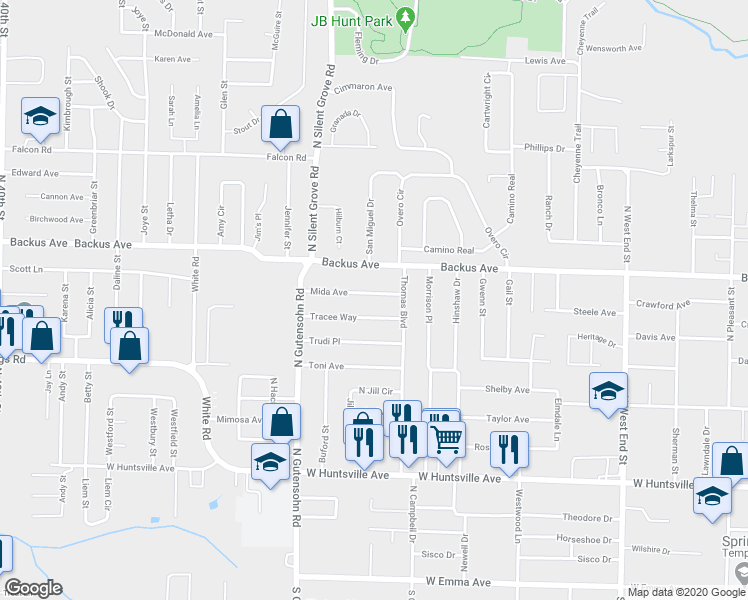 map of restaurants, bars, coffee shops, grocery stores, and more near 2501 Mida Avenue in Springdale