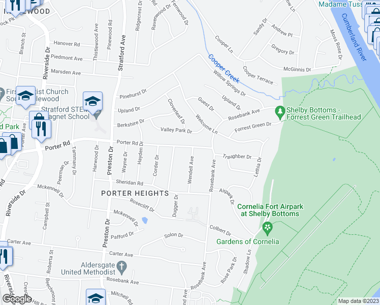 map of restaurants, bars, coffee shops, grocery stores, and more near 2406A Porter Road in Nashville