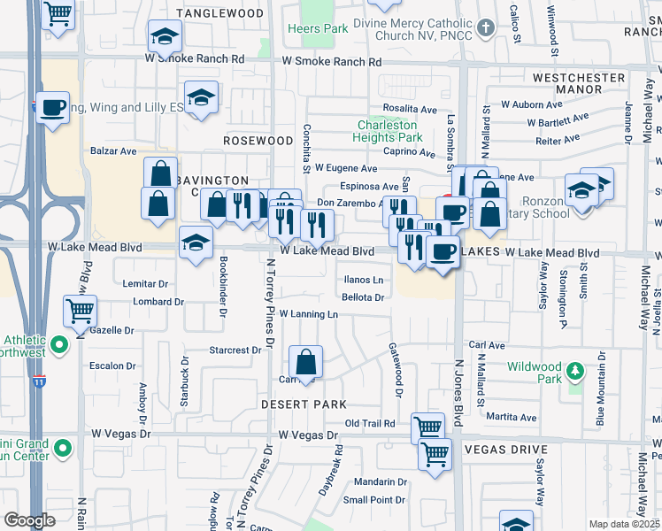 map of restaurants, bars, coffee shops, grocery stores, and more near 1928 Lirio Way in Las Vegas