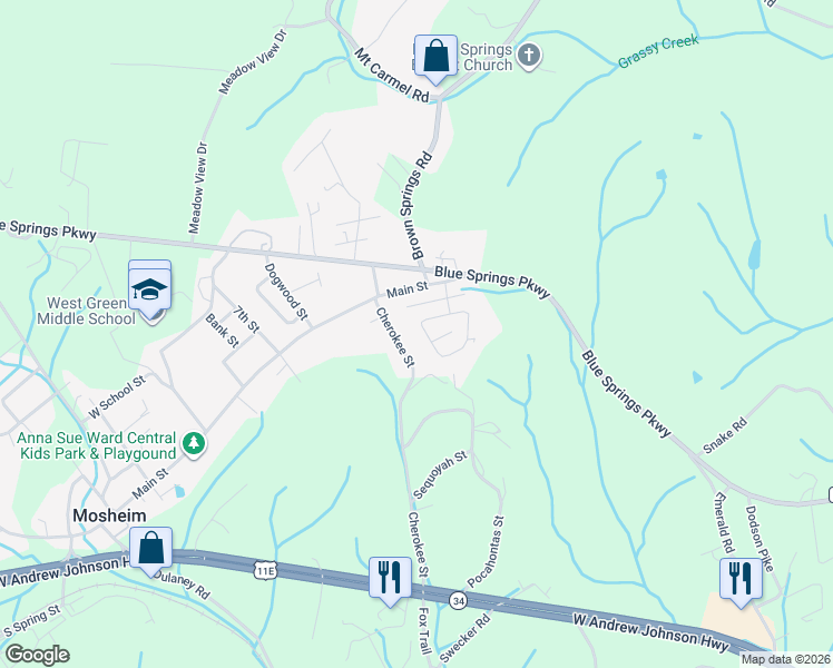 map of restaurants, bars, coffee shops, grocery stores, and more near 526 Cherokee Street in Mosheim