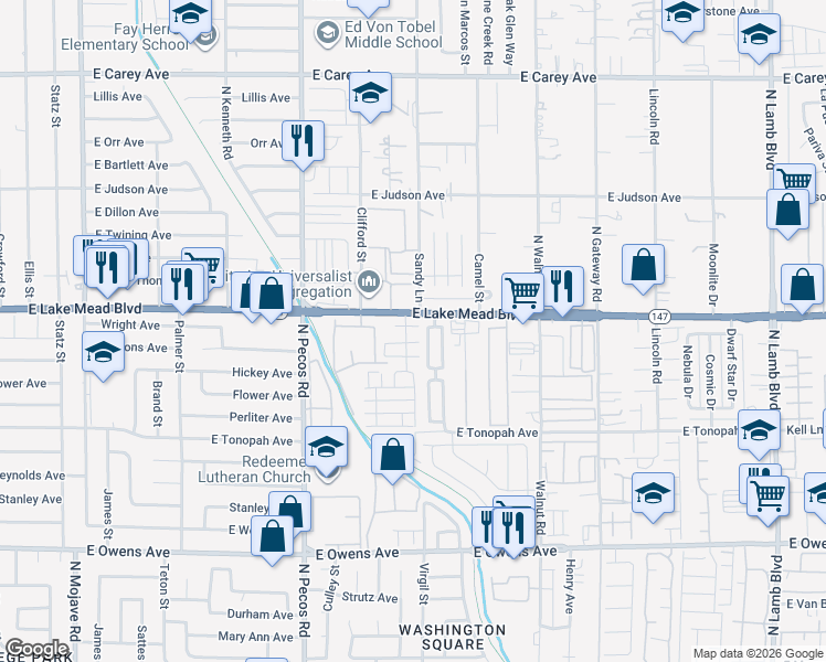 map of restaurants, bars, coffee shops, grocery stores, and more near 1977 Joyful Street in Las Vegas