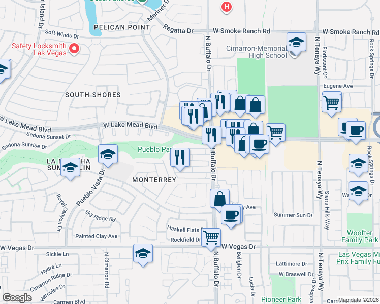 map of restaurants, bars, coffee shops, grocery stores, and more near 7625 Almeria Street in Las Vegas