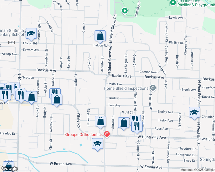 map of restaurants, bars, coffee shops, grocery stores, and more near 1101 North Gutensohn Road in Springdale