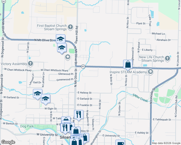 map of restaurants, bars, coffee shops, grocery stores, and more near 904 Raintree Court in Siloam Springs