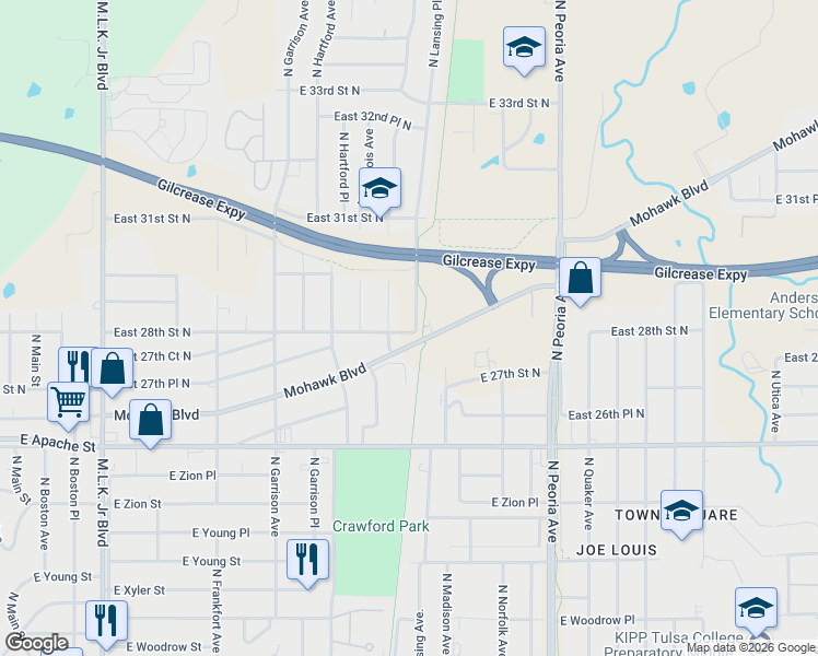 map of restaurants, bars, coffee shops, grocery stores, and more near 2715 North Kenosha Avenue in Tulsa