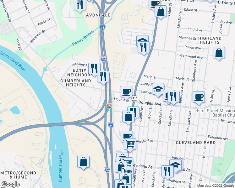 map of restaurants, bars, coffee shops, grocery stores, and more near 22 Ligon Avenue in Nashville