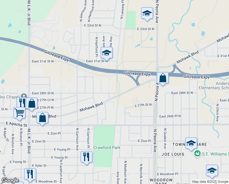 map of restaurants, bars, coffee shops, grocery stores, and more near 2715 North Kenosha Avenue in Tulsa