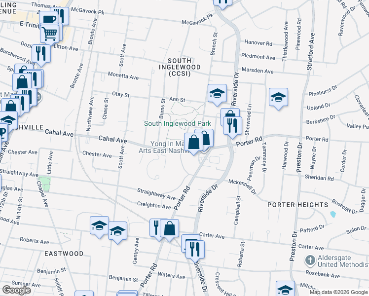 map of restaurants, bars, coffee shops, grocery stores, and more near 1599 Rebecca Street in Nashville