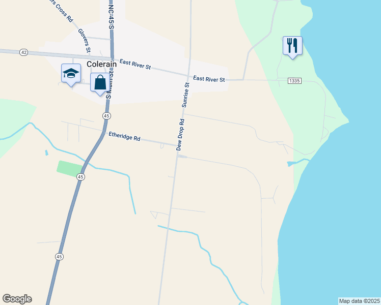 map of restaurants, bars, coffee shops, grocery stores, and more near 105 Chowan Shores Drive in Colerain