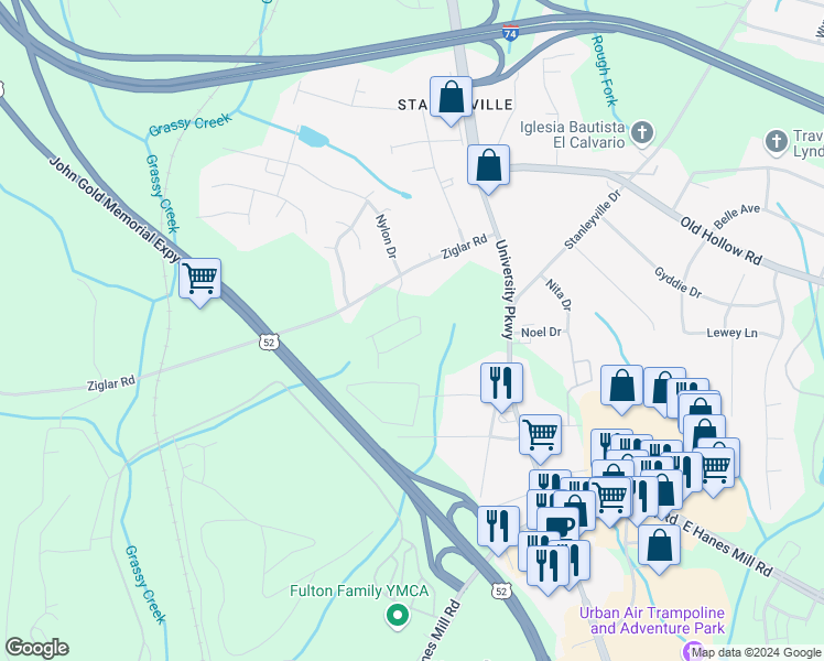map of restaurants, bars, coffee shops, grocery stores, and more near 350 Arbor View Lane in Winston-Salem