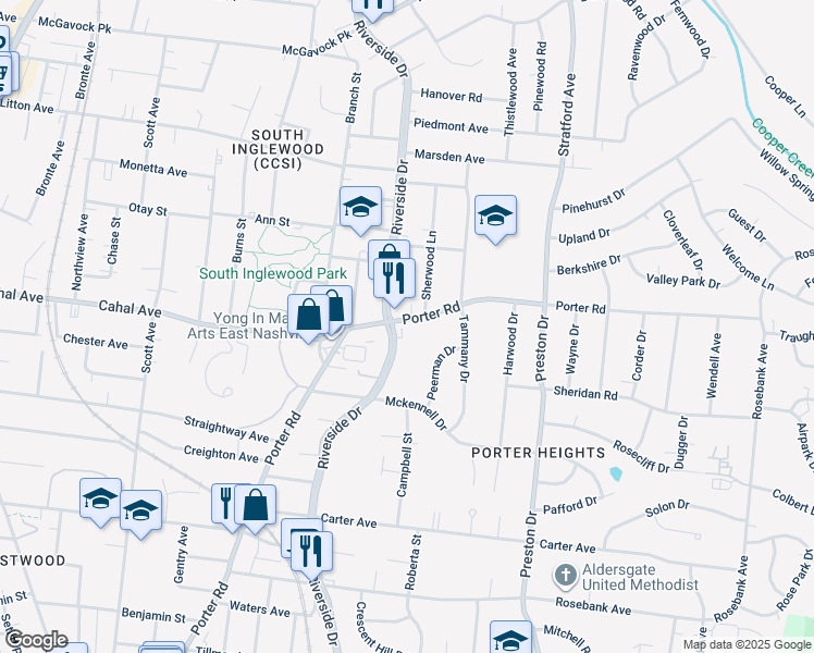 map of restaurants, bars, coffee shops, grocery stores, and more near 1703 Porter Road in Nashville