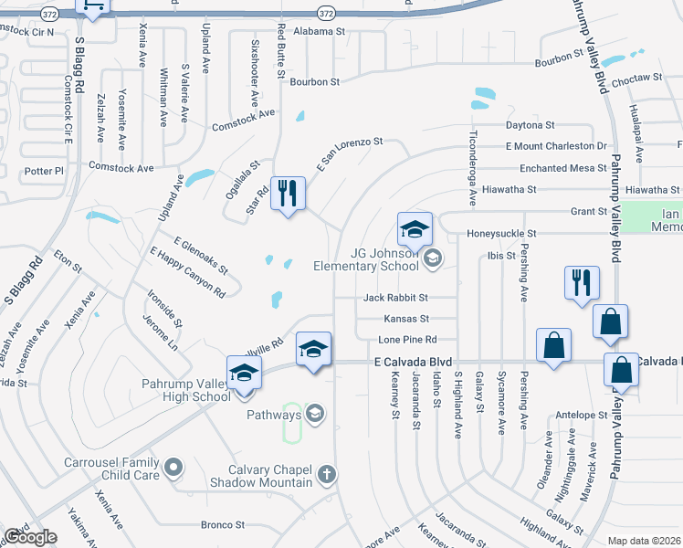 map of restaurants, bars, coffee shops, grocery stores, and more near 3046 Mount Charleston Drive in Pahrump
