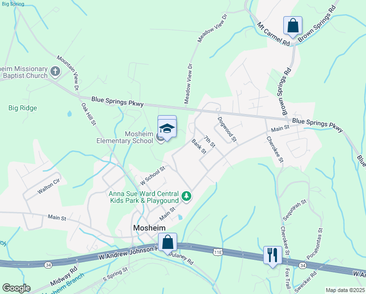 map of restaurants, bars, coffee shops, grocery stores, and more near 297 West School Street in Mosheim