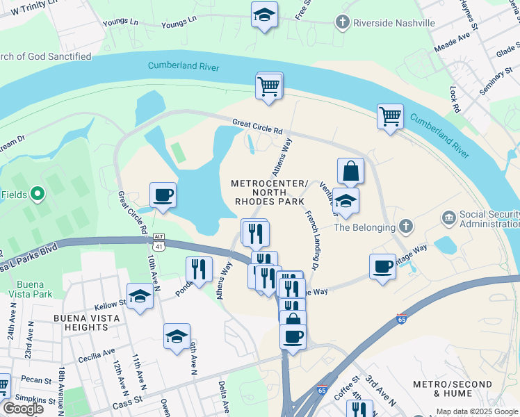 map of restaurants, bars, coffee shops, grocery stores, and more near 220 Athens Way in Nashville