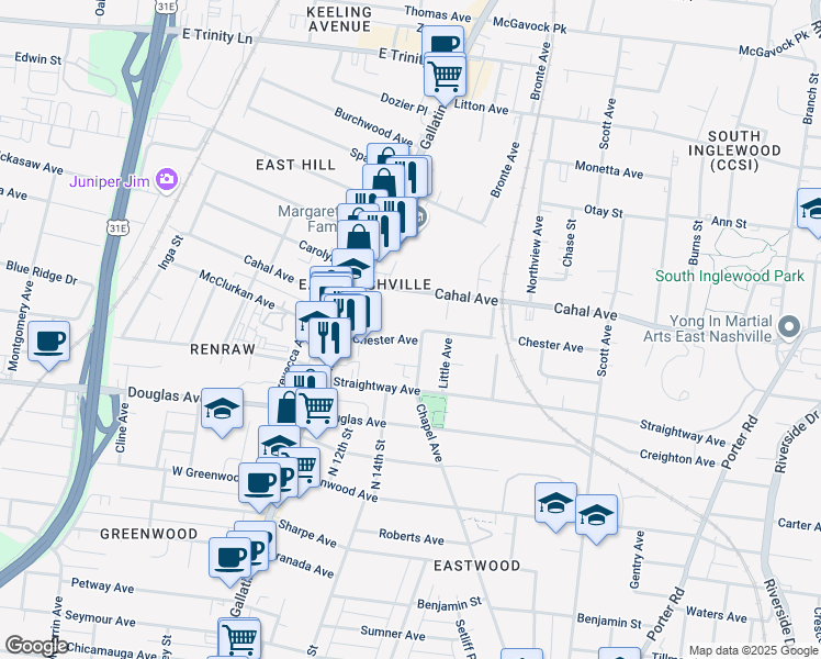 map of restaurants, bars, coffee shops, grocery stores, and more near 1127A Chester Avenue in Nashville