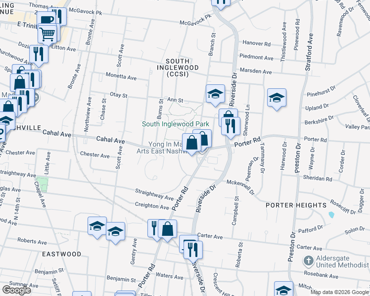 map of restaurants, bars, coffee shops, grocery stores, and more near 1599 Rebecca Street in Nashville