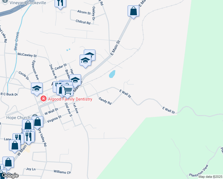 map of restaurants, bars, coffee shops, grocery stores, and more near 257 East Wall Street in Cookeville