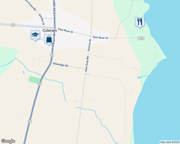 map of restaurants, bars, coffee shops, grocery stores, and more near 103 Chowan Shores Drive in Colerain