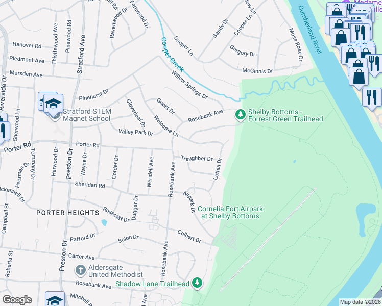 map of restaurants, bars, coffee shops, grocery stores, and more near 2605A Traughber Drive in Nashville