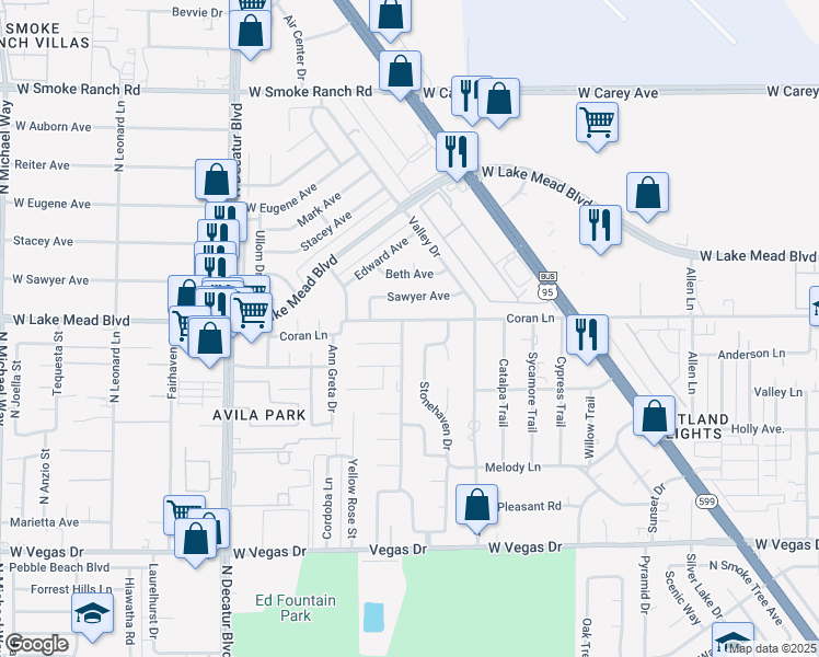 map of restaurants, bars, coffee shops, grocery stores, and more near 1920 Parkchester Drive in Las Vegas