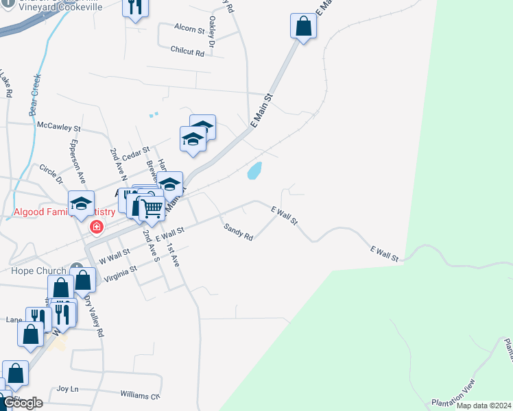 map of restaurants, bars, coffee shops, grocery stores, and more near 261 East Wall Street in Cookeville