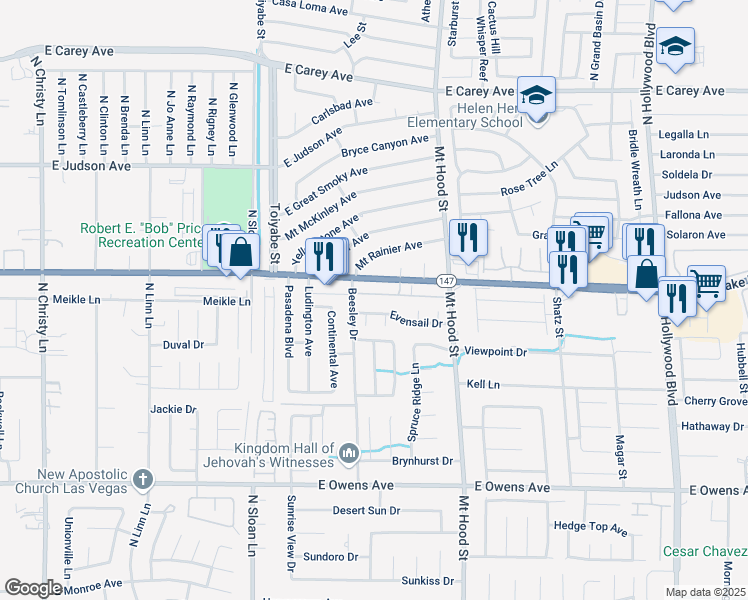 map of restaurants, bars, coffee shops, grocery stores, and more near 6148 Evensail Drive in Las Vegas