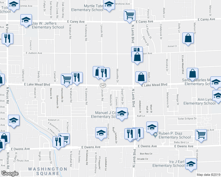 map of restaurants, bars, coffee shops, grocery stores, and more near 1982 Nebula Drive in Las Vegas