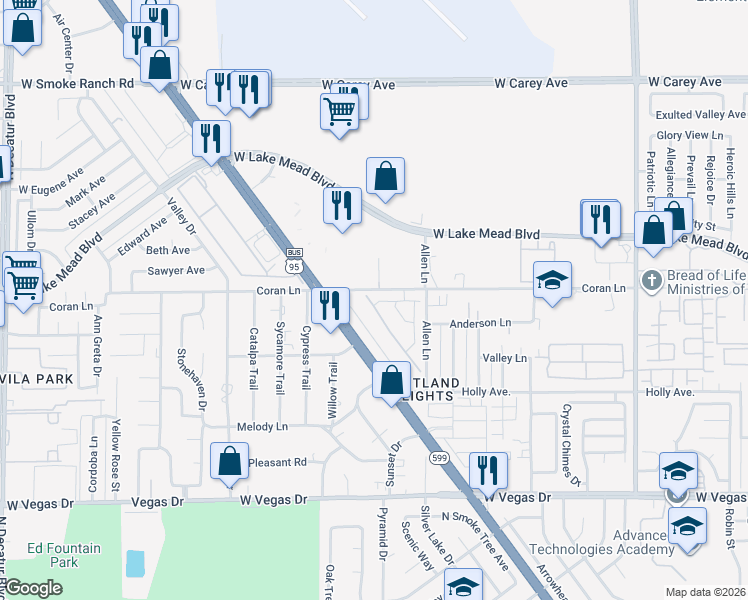 map of restaurants, bars, coffee shops, grocery stores, and more near 1792 North Rancho Drive in Las Vegas