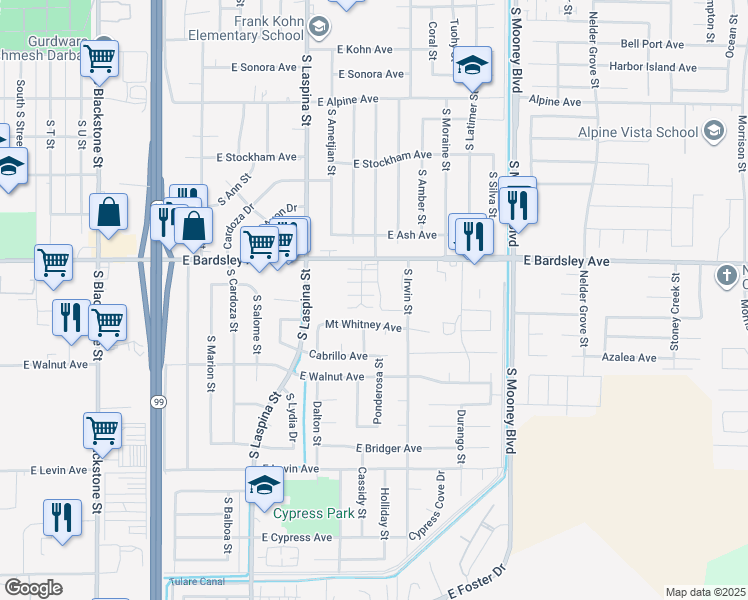 map of restaurants, bars, coffee shops, grocery stores, and more near 1172 Goble Court in Tulare