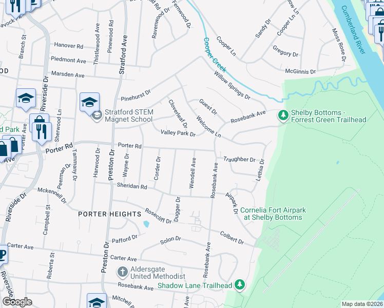 map of restaurants, bars, coffee shops, grocery stores, and more near 2406A Porter Road in Nashville
