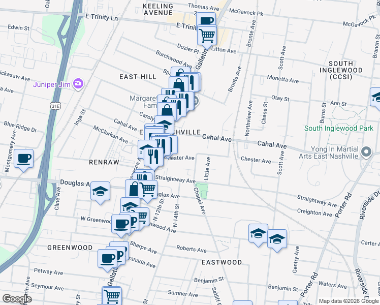 map of restaurants, bars, coffee shops, grocery stores, and more near 1127A Chester Avenue in Nashville
