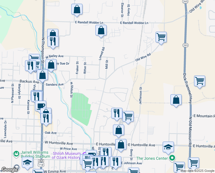 map of restaurants, bars, coffee shops, grocery stores, and more near 819 North Mill Street in Springdale