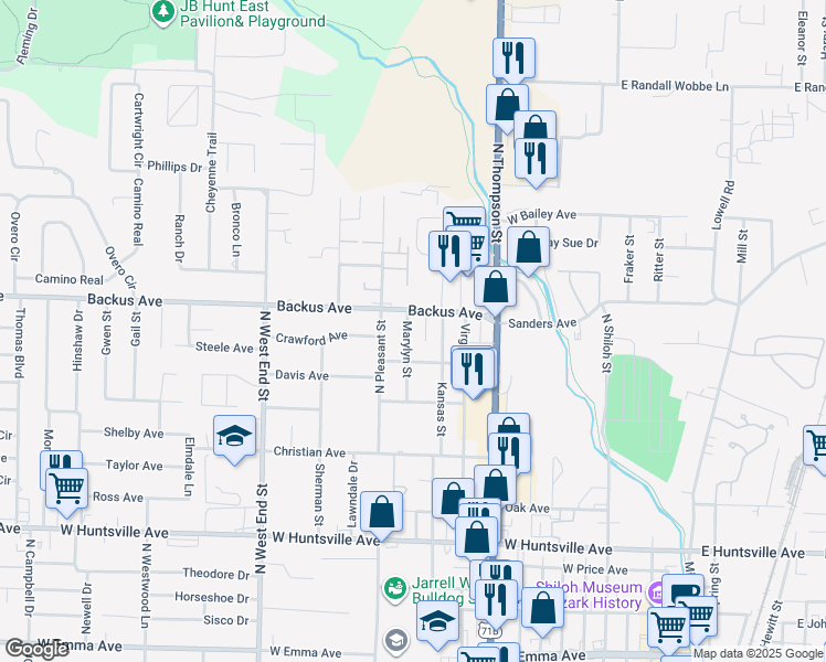 map of restaurants, bars, coffee shops, grocery stores, and more near 1103 Marylyn Street in Springdale