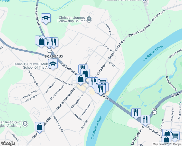 map of restaurants, bars, coffee shops, grocery stores, and more near 3204 Resha Lane in Nashville