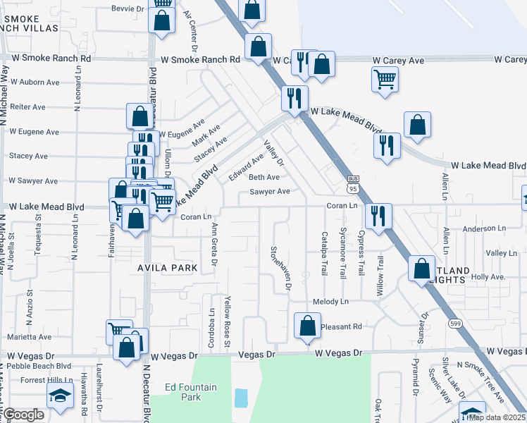 map of restaurants, bars, coffee shops, grocery stores, and more near 1920 Parkchester Drive in Las Vegas