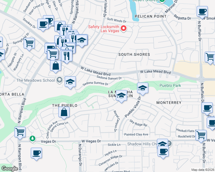 map of restaurants, bars, coffee shops, grocery stores, and more near 1951 Pueblo Vista Drive in Las Vegas