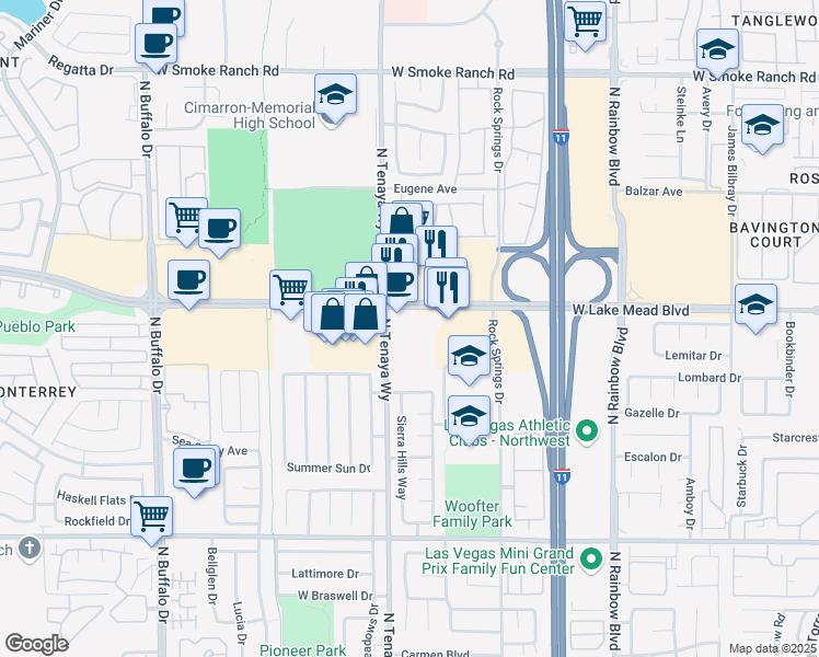 map of restaurants, bars, coffee shops, grocery stores, and more near 1918 North Tenaya Way in Las Vegas
