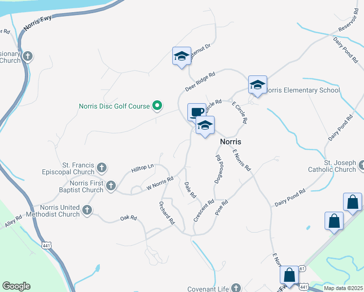 map of restaurants, bars, coffee shops, grocery stores, and more near 40 West Norris Road in Norris
