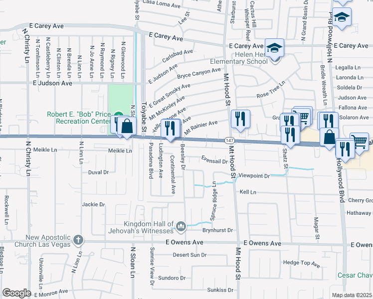 map of restaurants, bars, coffee shops, grocery stores, and more near 6112 Evensail Drive in Las Vegas
