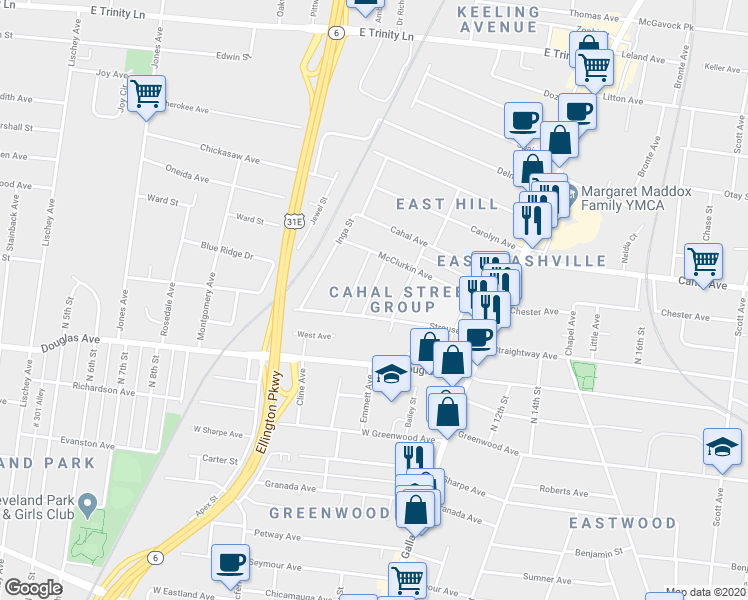 map of restaurants, bars, coffee shops, grocery stores, and more near 2406 Brasher Avenue in Nashville