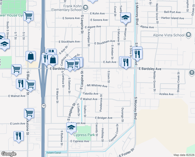 map of restaurants, bars, coffee shops, grocery stores, and more near 1172 Goble Court in Tulare
