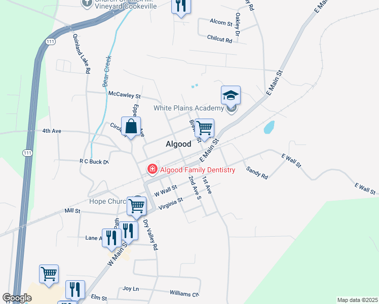 map of restaurants, bars, coffee shops, grocery stores, and more near 114 East Church Street in Cookeville