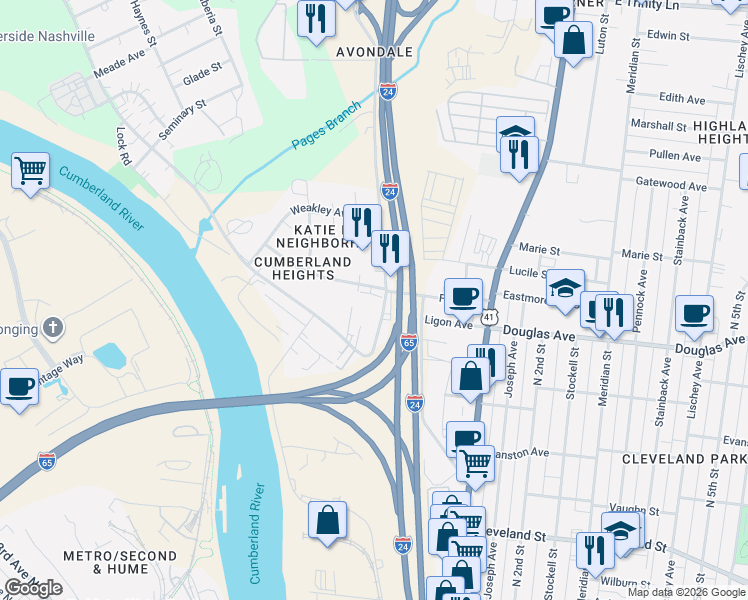 map of restaurants, bars, coffee shops, grocery stores, and more near 64 Fern Avenue in Nashville