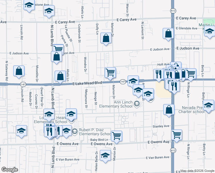 map of restaurants, bars, coffee shops, grocery stores, and more near 1975 Verde Mirada Drive in Las Vegas