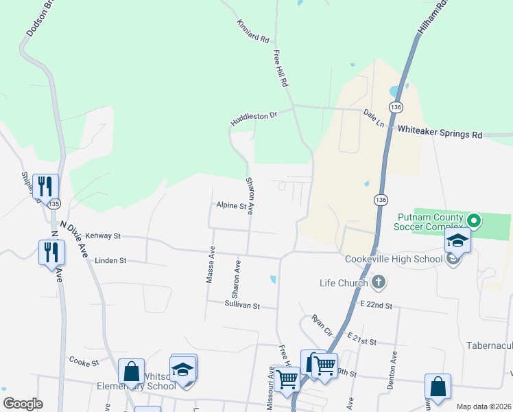 map of restaurants, bars, coffee shops, grocery stores, and more near 420 Wedgewood Street in Cookeville